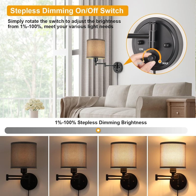 GOODATE Dimmable Plug in Wall Sconces, Swing Arm Wall Lamp, Wall Sconces Set of Two, Plug in Wall Light, Sconces Wall Decor Set of 2, Grey Fabric Shade, 2pcs Bulbs Included - Image 4